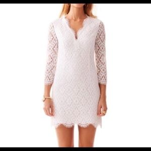 Lilly Pulitzer Meryl 3/4 Sleeve white V Neck lace shift dress.